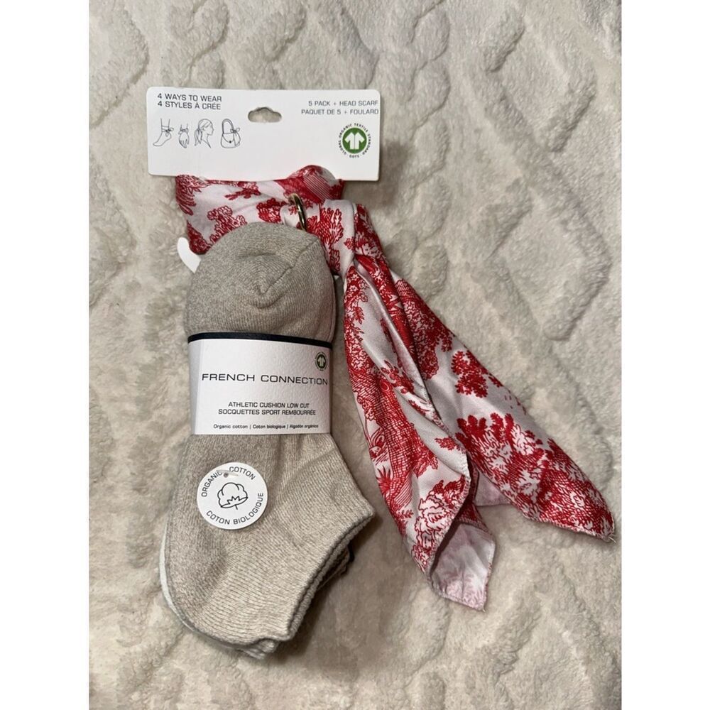 French Connection Women's Organic Cotton 5 Pair Low Cut Socks Headscarf Gift Set